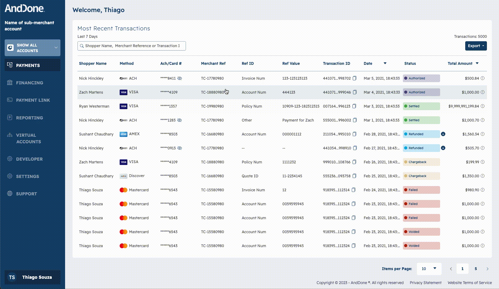 A screenshot of the AndDone Merchant Portal Payment Listing Page where merchants can see all transactions they have made on the AndDone platform.