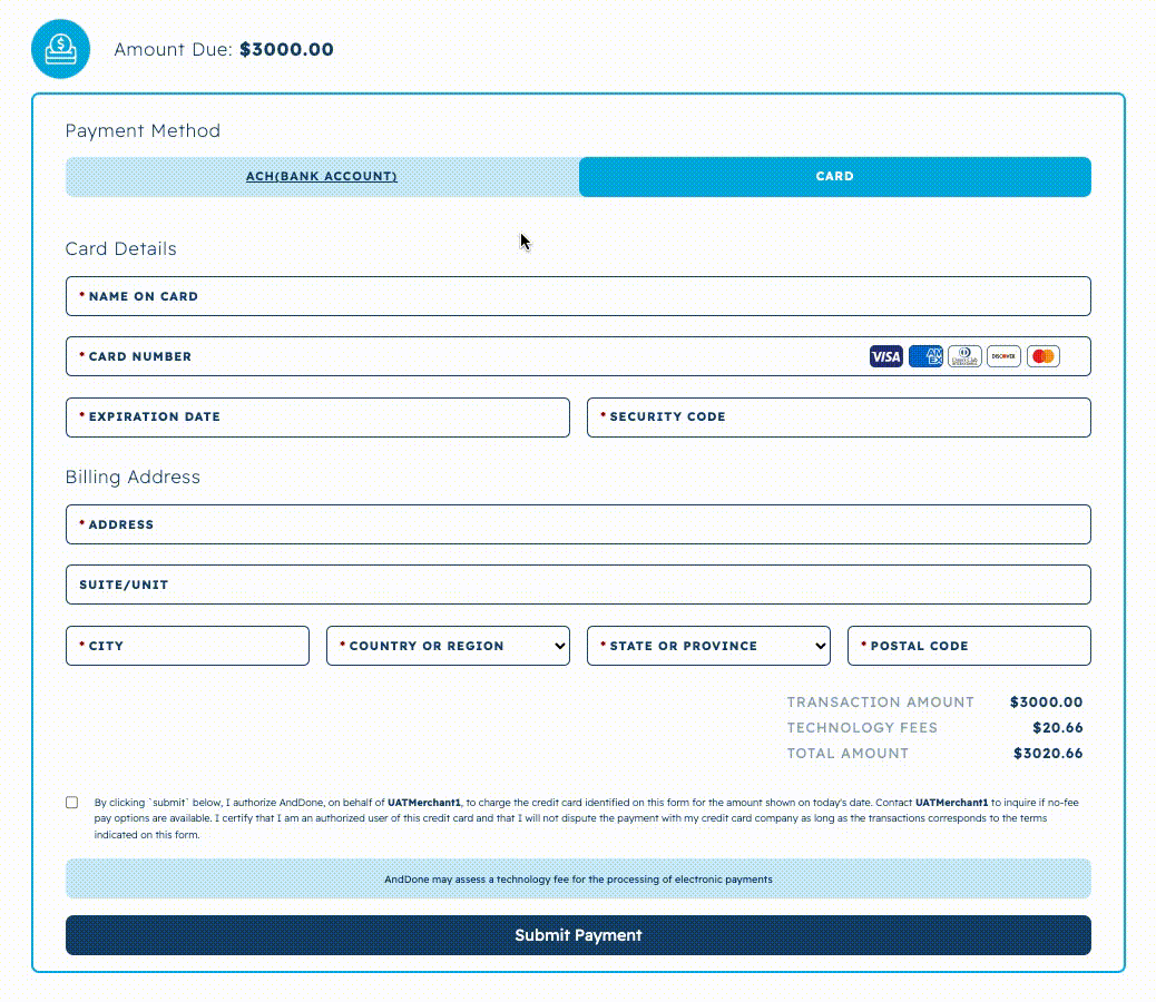A screenshot of the Embeddable AndDoneJS widget showing a checkout screen for an Embedded Premium Finance Down Payment.
